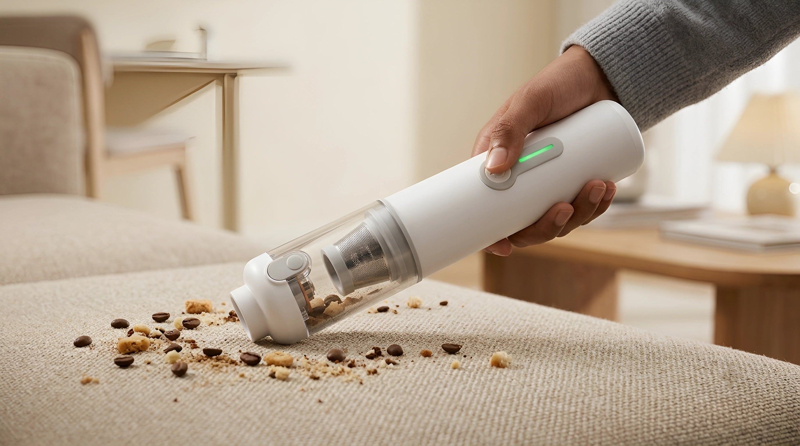 A person holds a white handheld vacuum cleaner over a beige sofa, cleaning scattered crumbs and coffee beans from the fabric in a bright living room setting.